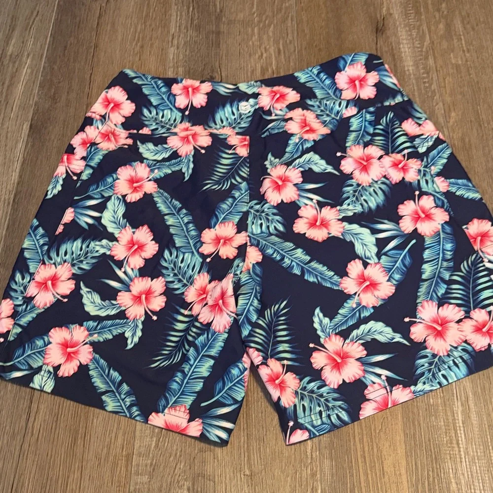Women’s Gradual Tropical Floral High Waist Swim Shorts. Navy with Pink Flowers